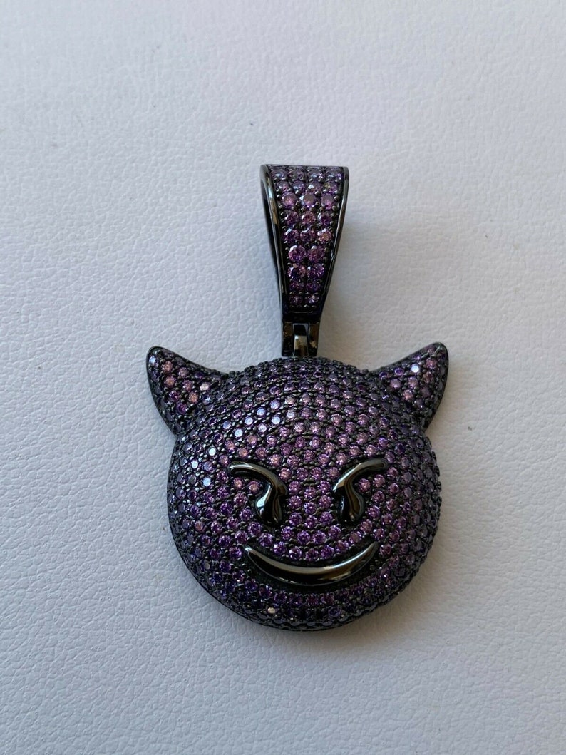 Custom Made Solid 925 Sterling Silver Iced Out Purple Simulated Diamond Hip Hop Devil Face Emoji Pendant image 5