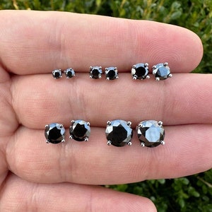 Men&#39;s Women&#39;s Black Moissanite Stud Earrings PASSES DIAMOND TESTER, Real Solid 925 Sterling Silver 3mm to 8mm Screw Backs