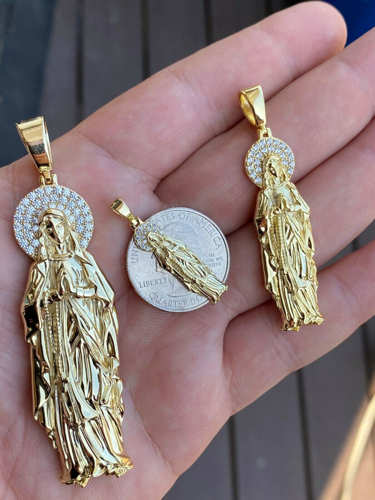 14k Gold Over Sterling Silver Virgin Mary Pendant, Simulated Diamond ...