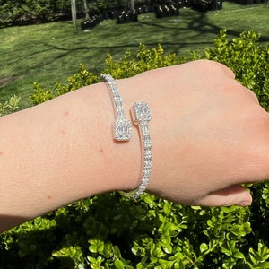 Women's Solid 925 Sterling Silver Super Iced Out Square Baguette Snap Bangle Bracelet (Fits Wrists 6" to 7.5")