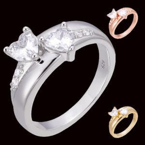 Women&#39;s Double Heart CZ Stone Promise / Engagement Ring, Solid 925 Sterling Silver with Yellow, Rose or White Gold Plating Sizes  5 thru 10