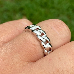Men's Women's Solid 925 Sterling Silver Miami Cuban Link Ring, Wedding Band, Pinky Ring, Rhodium Finish, Sizes 5-13