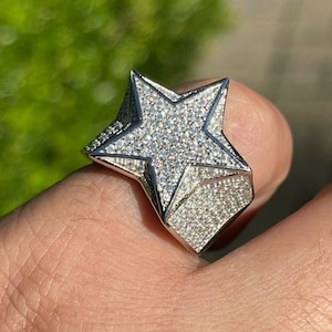 Men&#39;s or Women&#39;s Solid 925 Sterling Silver Iced Out Hip Hop 3D Star Pinky Ring MOISSANITE Passes DIAMOND TESTER!!! Sizes 6 thru 13