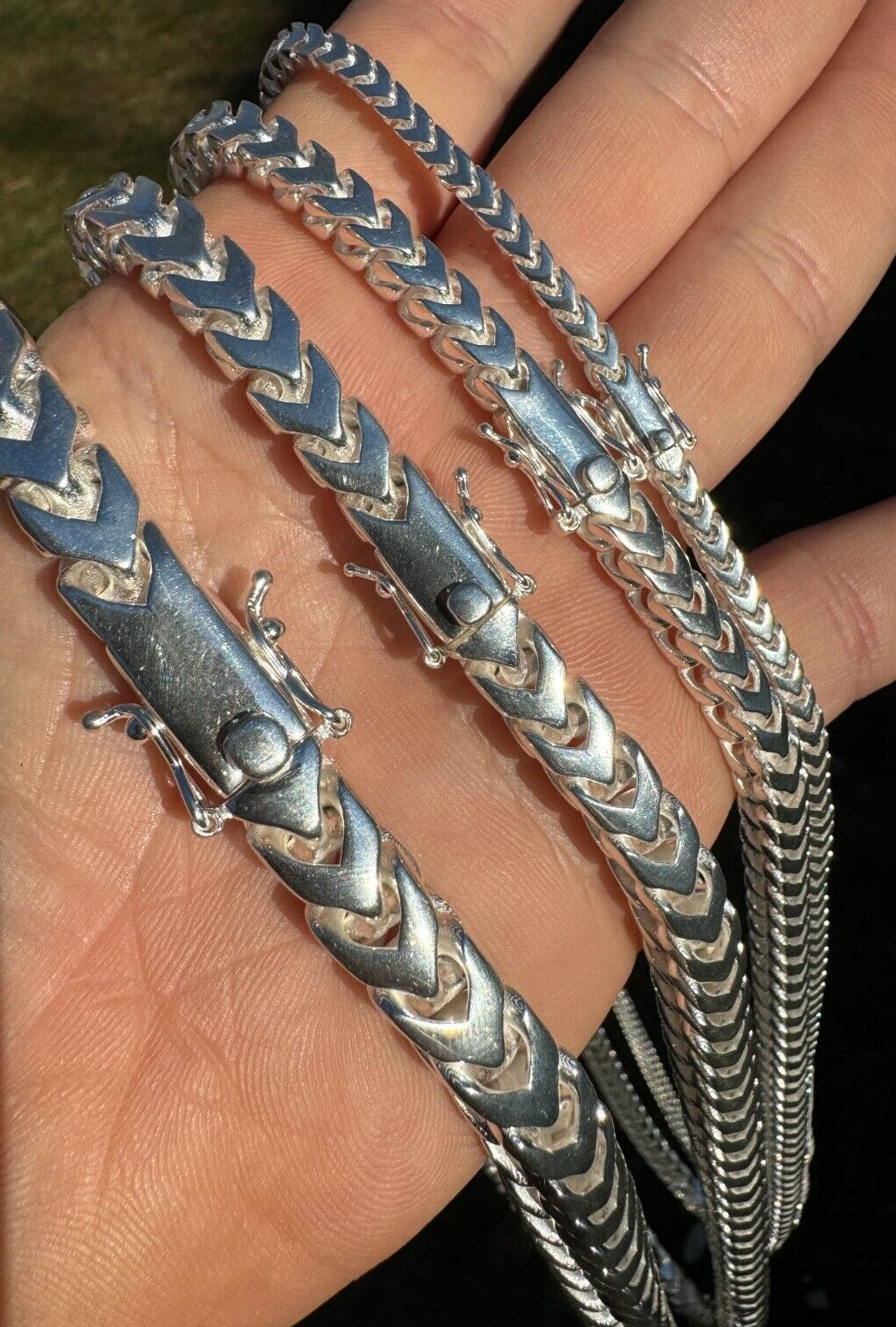 Catene Franco da uomo con chiusura a scatola grande fatta a mano, in argento Sterling 925 massiccio, larghezze 4 mm, 6 mm, 8 mm, 10 mm e lunghezze 18"-28"