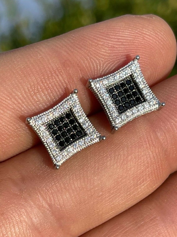 Screwback Earrings Square 10mm Real 925 Silver CZ Iced Large Mens