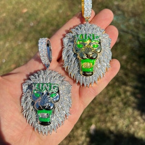 Men&#39;s Real Solid 925 Silver/Gold Glow In The Dark Super Iced Out LION KING Huge 3&quot; Hip Hop Rapper Pendant