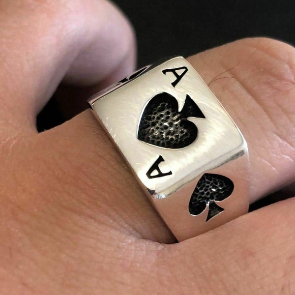 Men's Solid 925 Sterling Silver ACE OF SPADES Poker Pinky Ring Sizes 7-13