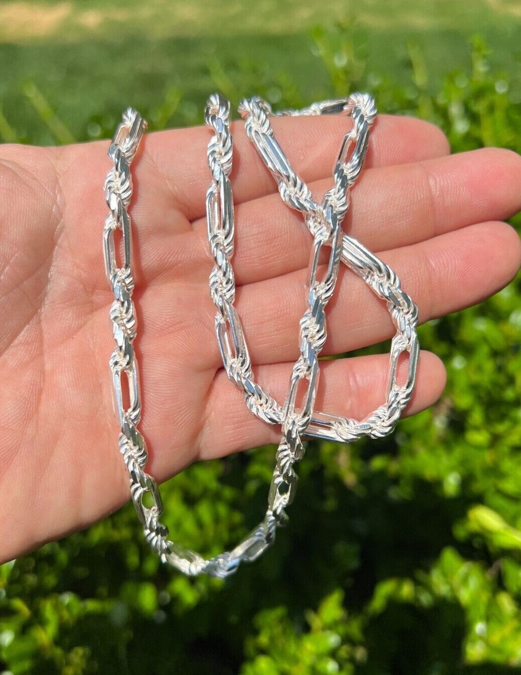 Rope Chain Necklace Sterling Silver Diamond Cut White Gold Look