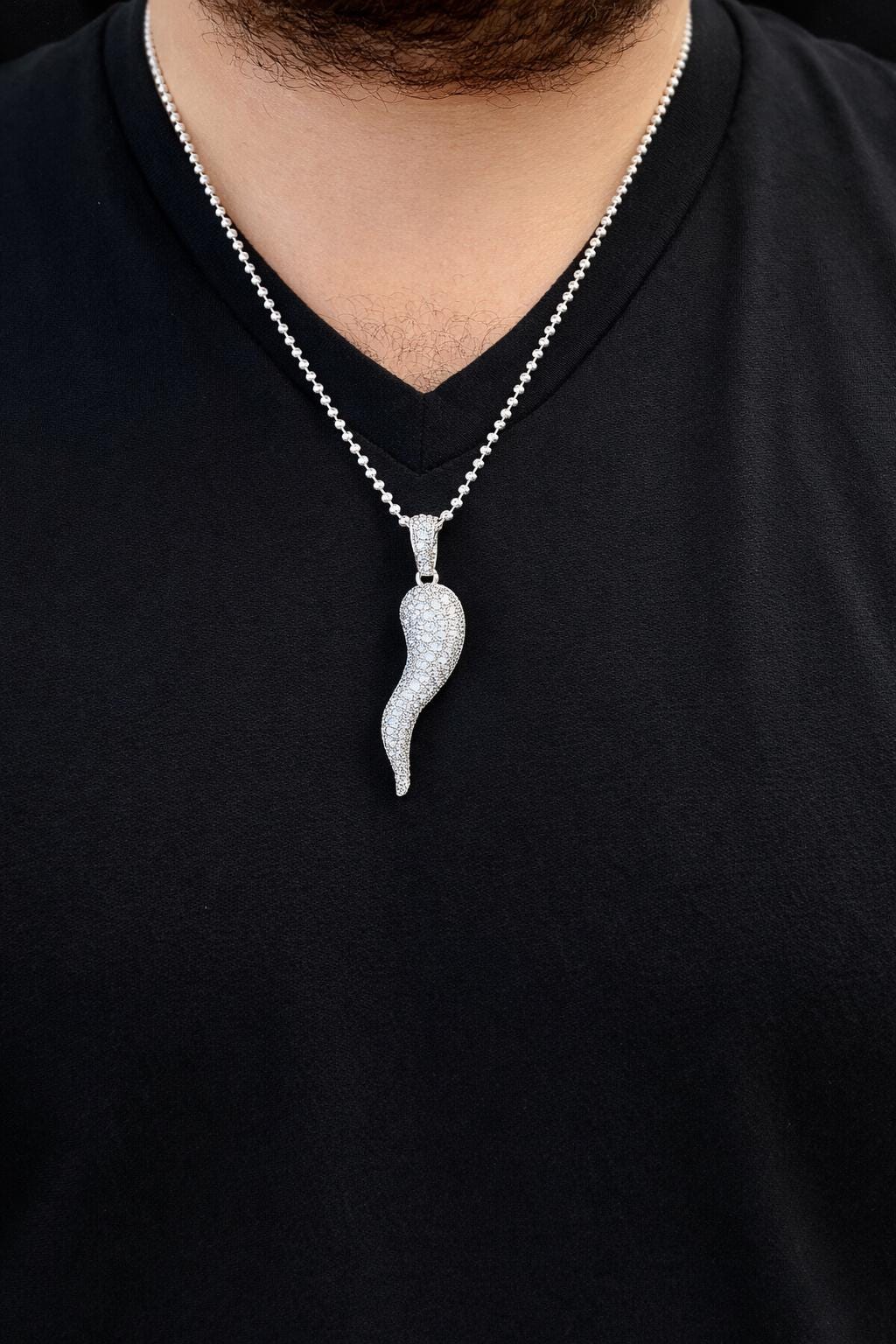 Iced Out Cornicello Pendant: Sterling Silver Italian Horn, CZ