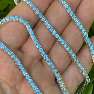 Men&#39;s Women&#39;s 3mm Real Solid 925 Sterling Silver Aqua Blue Aquamarine Tennis Necklace Chain 16&quot; 18&quot; 20&quot; 22&quot; 24&quot;