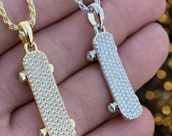 Iced Skateboard Pendant: Sterling Silver CZ Hip Hop Jewelry