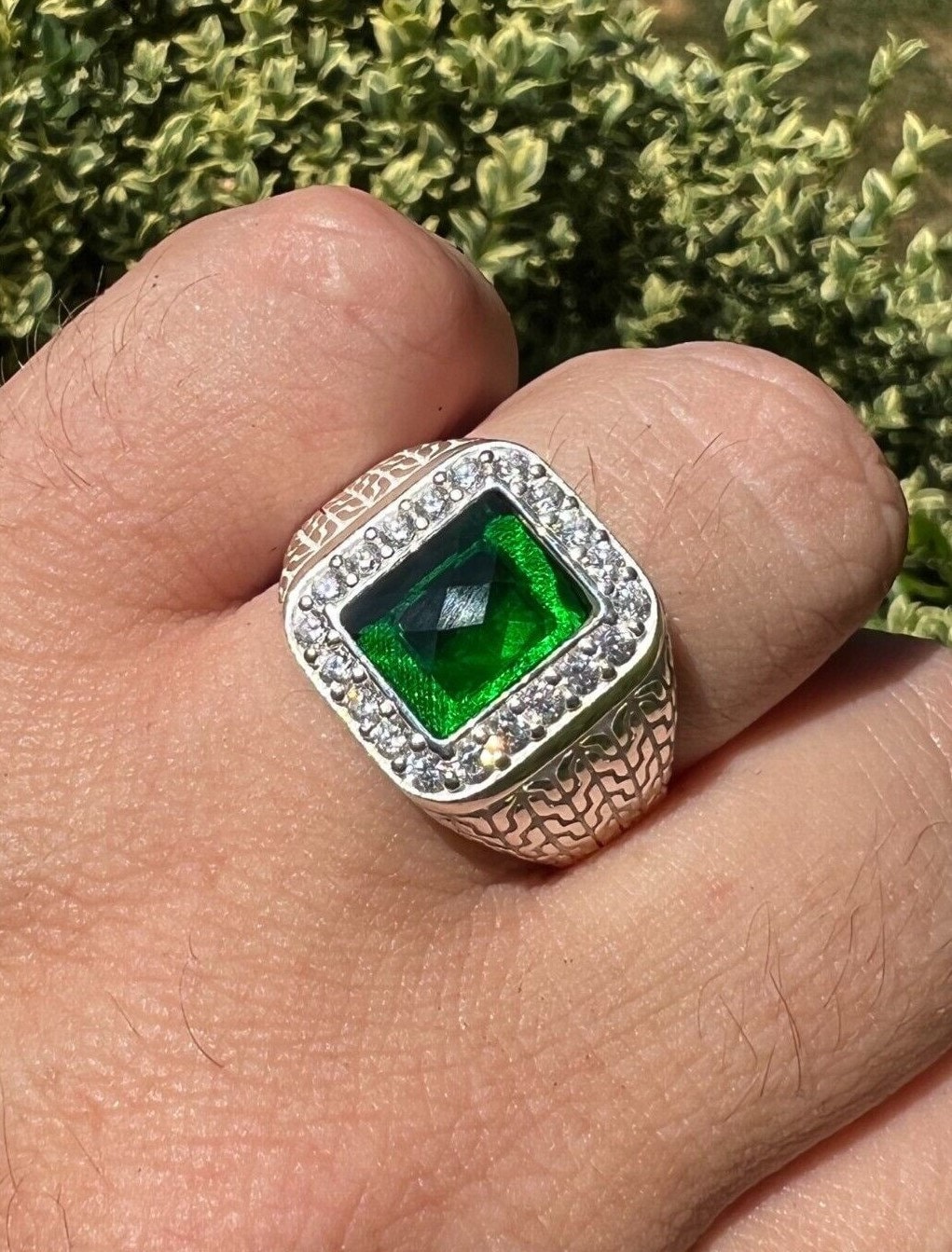 Men's Real Solid Natural 925 Sterling Silver Square Green