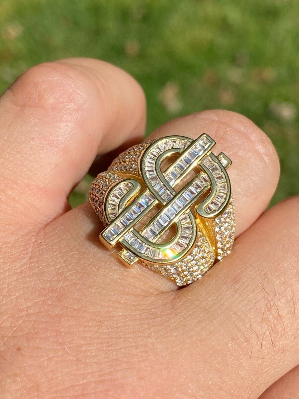 Iced Out Dollar Sign Ring: Baguette Simulated Diamond, Gold Over 