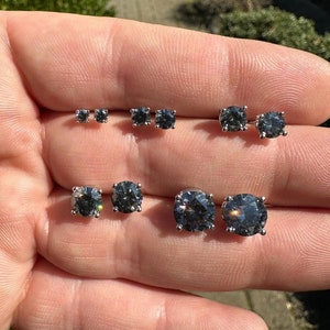 Mens Women&#39;s Blue Gray Moissanite Stud Earrings PASSES DIAMOND TESTER, Real Solid 925 Sterling Silver 3mm to 8mm Screw Backs