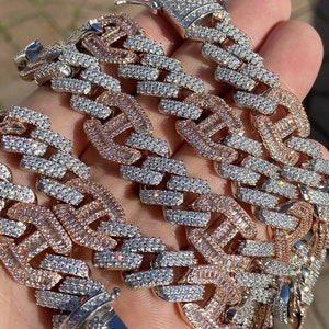 15.5mm PRONG Cuban Mariner Link Chain 925 Sterling Silver Two Tone Rhodium & Rose Gold Finish Iced Out Simulated Diamonds, 18&quot;-30&quot; Lengths