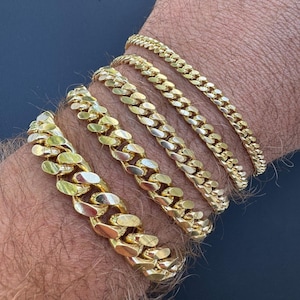 Men's Women's 14k Gold Vermeil over Solid 925 Sterling Silver Miami Cuban Lobster Lock Bracelets 4mm - 10mm, 6.5" to 9", Heavy Tight Link