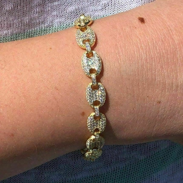 Men's Women's Iced Out 8MM Puffed Mariner Link Bracelet Simulated Diamonds (cz) 14k Gold Over 925 Sterling Silver, 6" - 9" Lengths Available