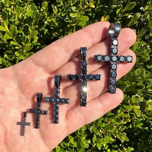 Men&#39;s Women&#39;s Black MOISSANITE & Black Oxidized Rhodium on Solid 925 Sterling Silver Tennis Cross Pendants, 5 Sizes!PASSES DIAMOND Tester!