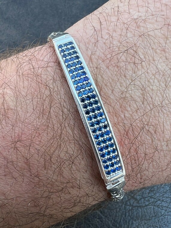 Men's Real Solid 925 Sterling 6.5mm Silver Iced Out Blue