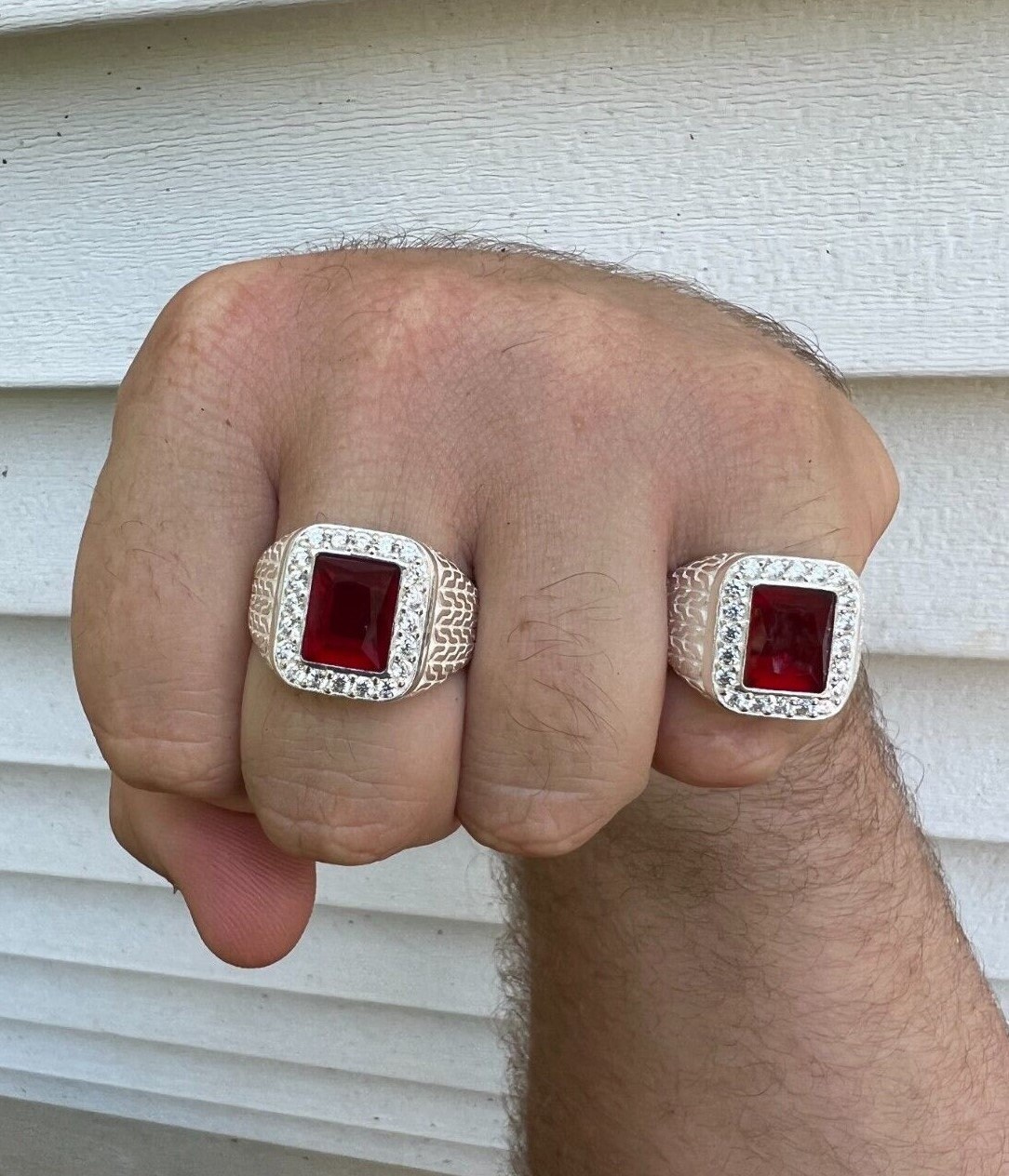 Men's Real Solid Natural 925 Sterling Silver Square Red Ruby