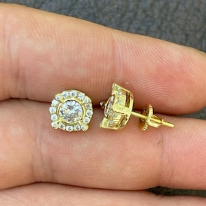 Men&#39;s Women&#39;s 14k gold over 925 Sterling Silver Iced Out Hip Hop Round Diamond Stud Cluster 9mm Screw Back Earrings