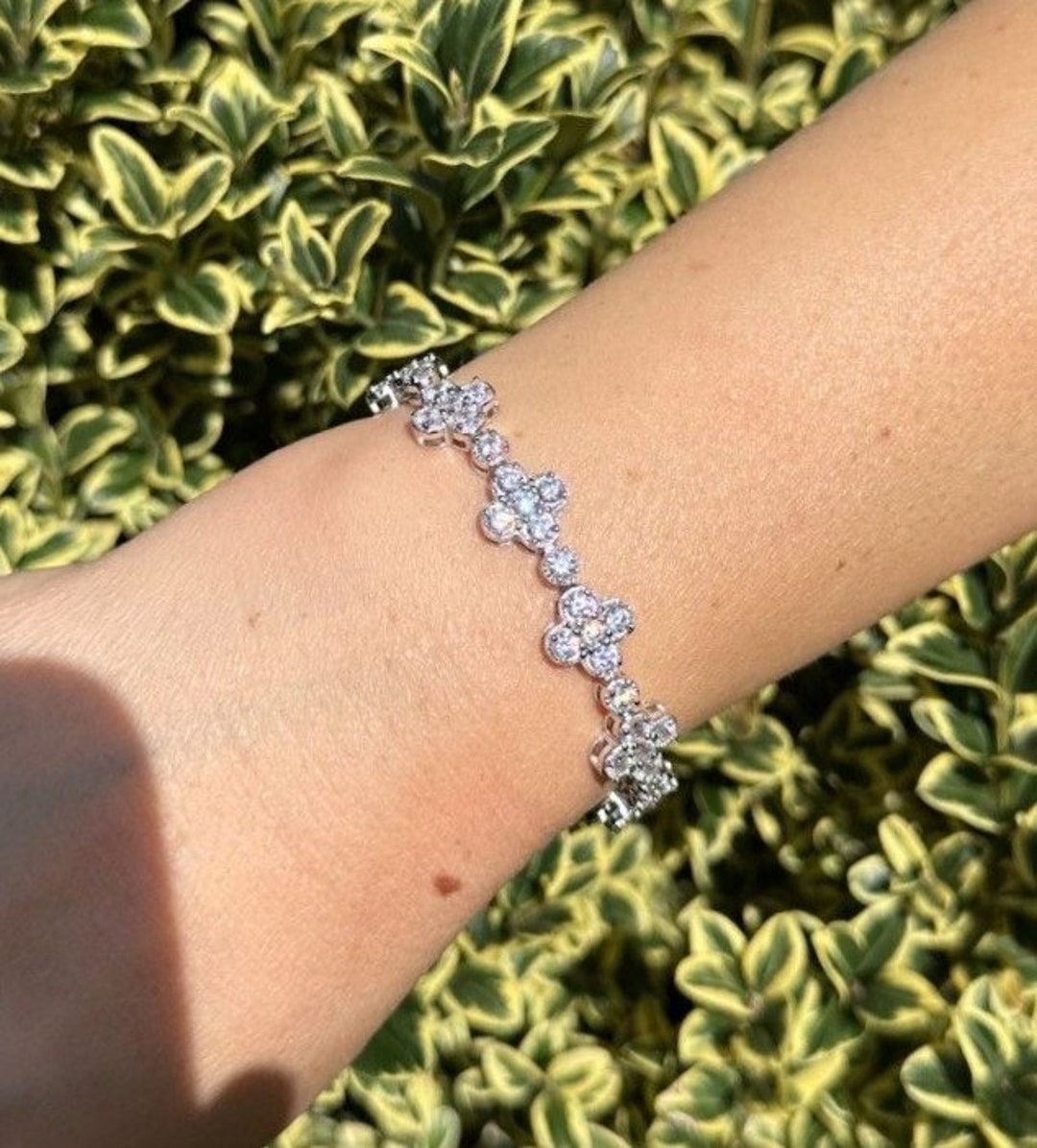 Clover Bracelet, Pave Zircon .925 Sterling Silver Dainty Flower Bracelet