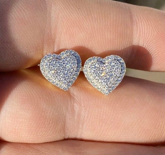 Women's Girl's Gold Over Silver CZ Diamond Heart Stud Screwback