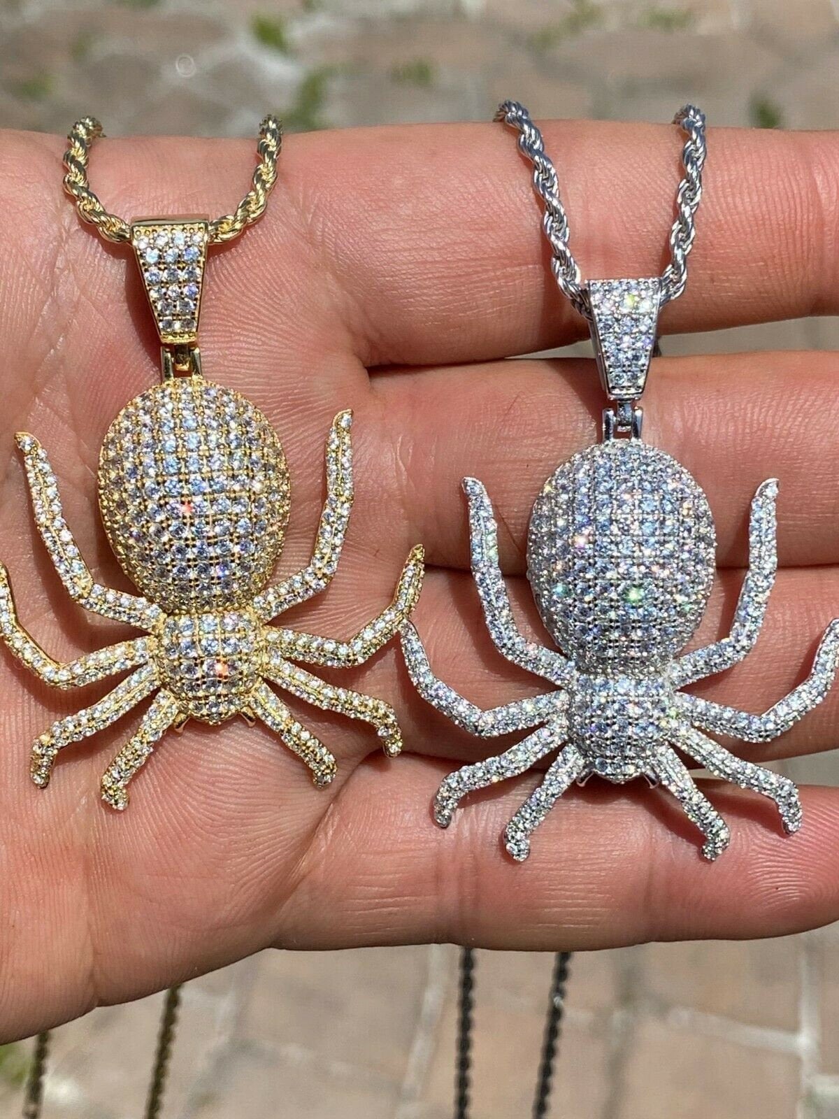 Men s Women s Large Tarantula Spider Pendant Iced Out Diamond Real Solid 925 Sterling Silver in Rhodium or 14k Gold Finish 2mm Rope Chain Etsy UK