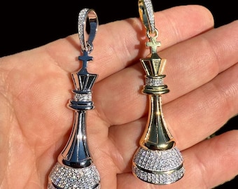 Iced Moissanite King Chess Pendant: 925 Sterling Silver or 14k Gold Vermeil