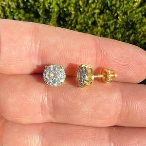 Men's Women's 8mm 14k Gold Vermeil over 925 Sterling Silver Simulated Baguette Diamond Round Cluster Screw Back Earrings,  ER-95-G