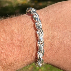 Men&#39;s 8mm Solid 925 Sterling Silver Diamond Cut Rope Bracelet 7”- 8.5&quot; length