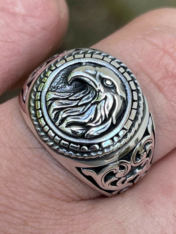 Oxidized Sterling Silver Eagle Biker Ring: Vintage American Freedom Jewelry