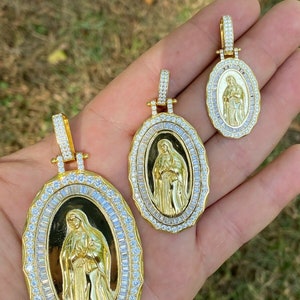 Men's Solid 925 Silver Virgin Mary Pendant – Baguette Ice CZ – Hip Hop Necklace – Italy-394697