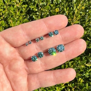 Mens Women&#39;s Green-Blue Moissanite Stud Earrings PASSES DIAMOND TESTER, Real Solid 925 Sterling Silver 3mm to 8mm Screw Backs