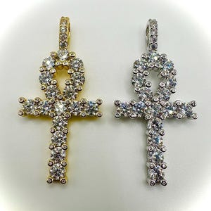 Men&#39;s Women&#39;s Super Iced Out Tennis Ankh Cross Pendant in Rhodium or 14k Yello Gold Finish w/2.5mm Diamond Cut Ball Moon Chain 18&quot;-30&quot;