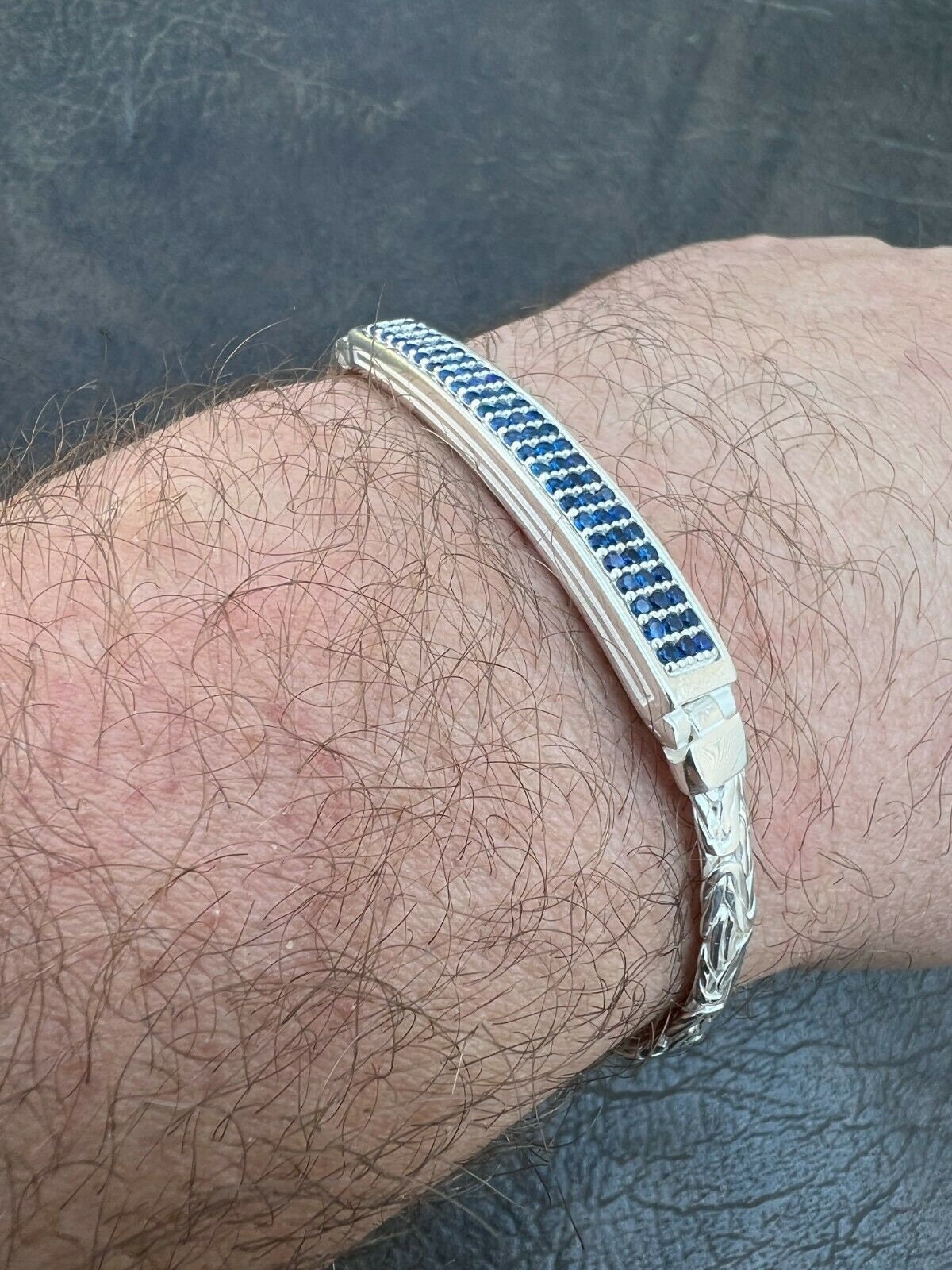 Men's Real Solid 925 Sterling 6.5mm Silver Iced Out Blue