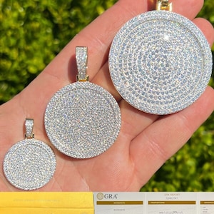 Ijzige moissaniet ronde cirkel hiphop rapper medaillon hangers goud meer dan 925 sterlingzilver PASSEN DIAMOND TESTER!!!, Verkrijgbaar in 3 maten!