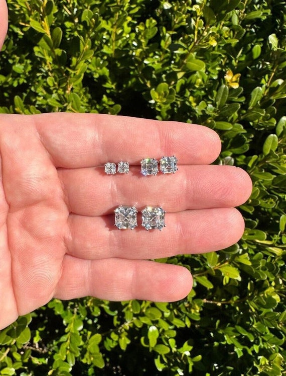 【HYERES LOR】25SS★ Silver (W) Moissanite Band Earrings 925 Sterling Silver Tri-Baguette Hoop Earring - 925 silver