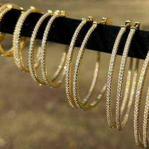 Women's Girl's Handmade 14k Yellow Gold over 925 Silver Endless Hoop Earrings Inside Out Diamond Huggie 18-50mm