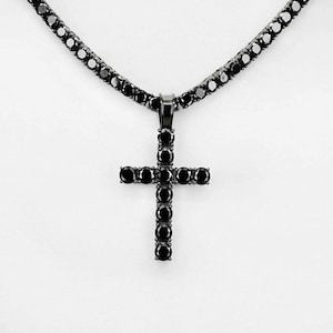 Men&#39;s Black Tennis Cross & Chain 4mm Oxidized Rhodium over 925 Sterling Silver Simulated Black Diamonds (Chains available 18&quot; to 30&quot;)