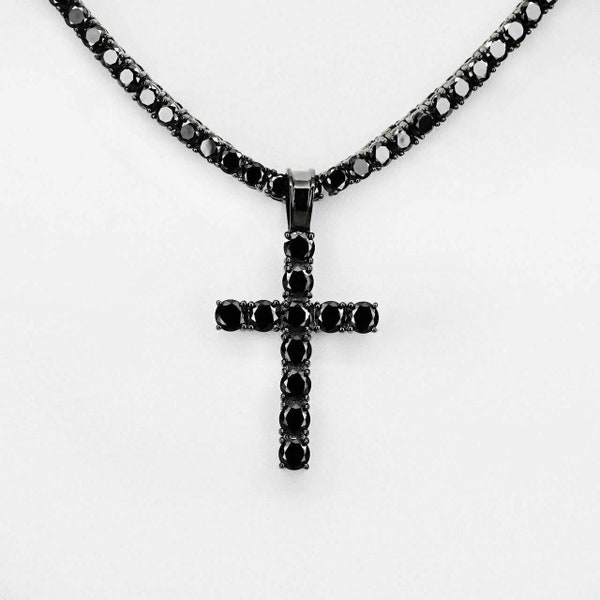 Men's Black Tennis Cross & Chain 4mm Oxidized Rhodium over 925 Sterling Silver Simulated Black Diamonds (Chains available 18" to 30")