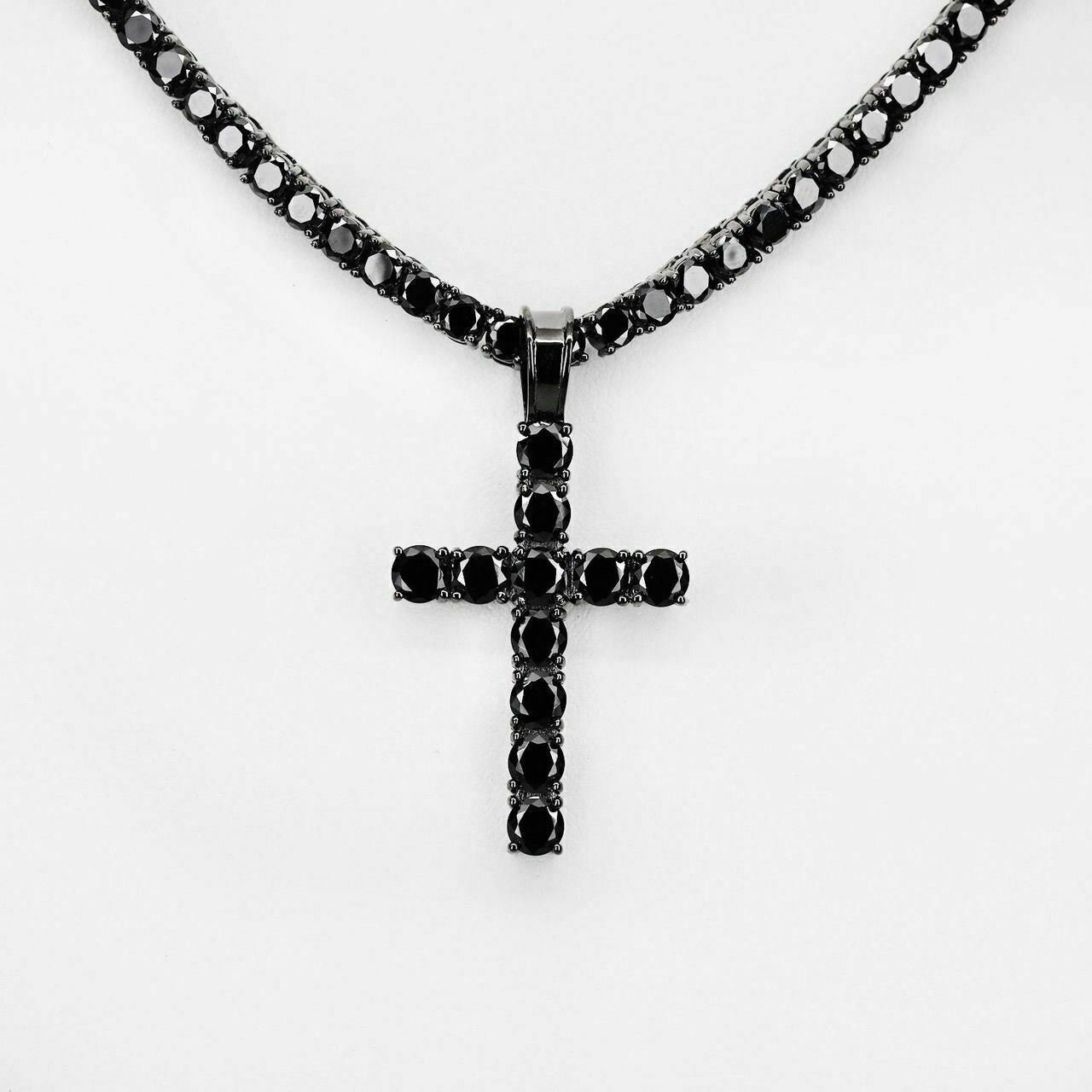Men's Black Simulated Diamond Cross Necklace: Oxidized Sterling