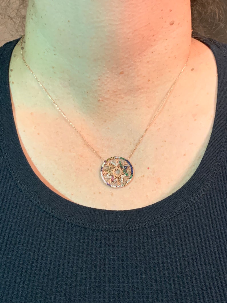 colored stones 17-18 Adjustable. Rose Gold over Solid 925 Sterling Silver Holiday Snowflake Pendant Necklace adorned with multi