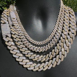 MOISSANITE Prong Miami Cuban Link Chain Necklace Two Tone 14k Yellow Gold Vermeil over Solid 925 Silver, 16" - 30" PASSES DIAMOND Tester!!!