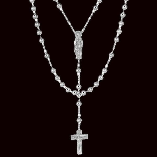 Moissanit Sterling Silver Rosenkrans Halsband: Jungfru Maria Kors, 6 mm Pärlor