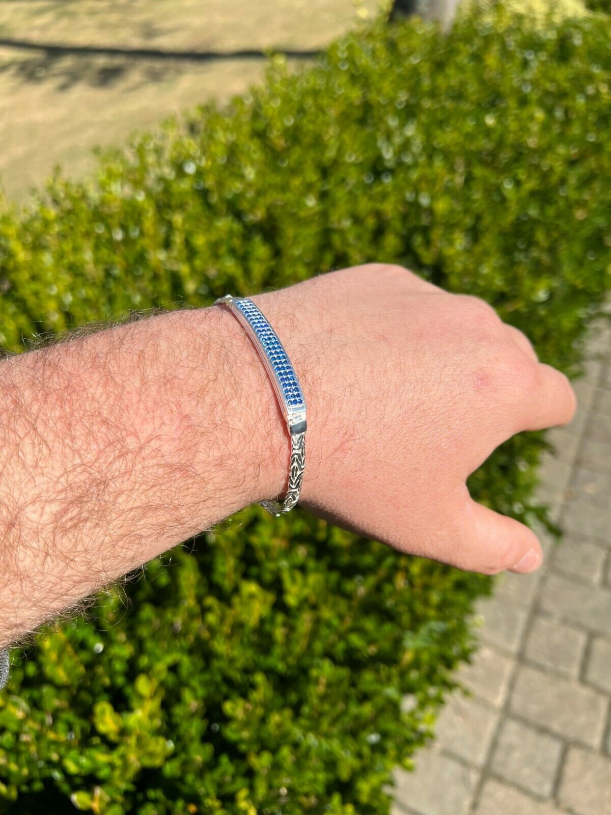 Men's Real Solid 925 Sterling 6.5mm Silver Iced Out Blue