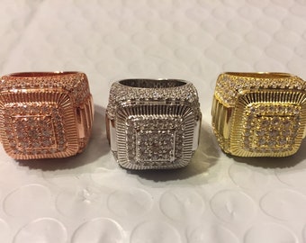 Super Iced Out Men's Custom Square Pinky Ring Simulated Diamonds 925 Sterling Silver, 3 finishes: Rhodium, Yellow or Rose Gold...R77/78/79