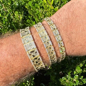 Men&#39;s Iced Out Moissanite Solid 925 Sterling Silver 14k Gold Vermeil Finish Nugget Bracelet Heavy 8mm 12mm 16mm, PASSES DIAMOND TESTER!!!