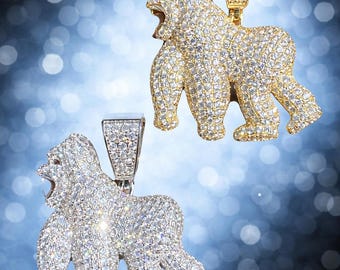 Iced Out MOISSANITE Gorilla Ape Pendant: Solid Sterling Silver Rhodium or Gold Vermeil Finish