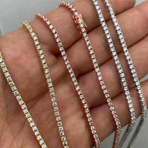 Men's Women's 2mm  Real SOLID 925 Sterling Silver Micro Tennis Chain Iced Out Diamond Necklace Gold, Rose Gold Rhodium